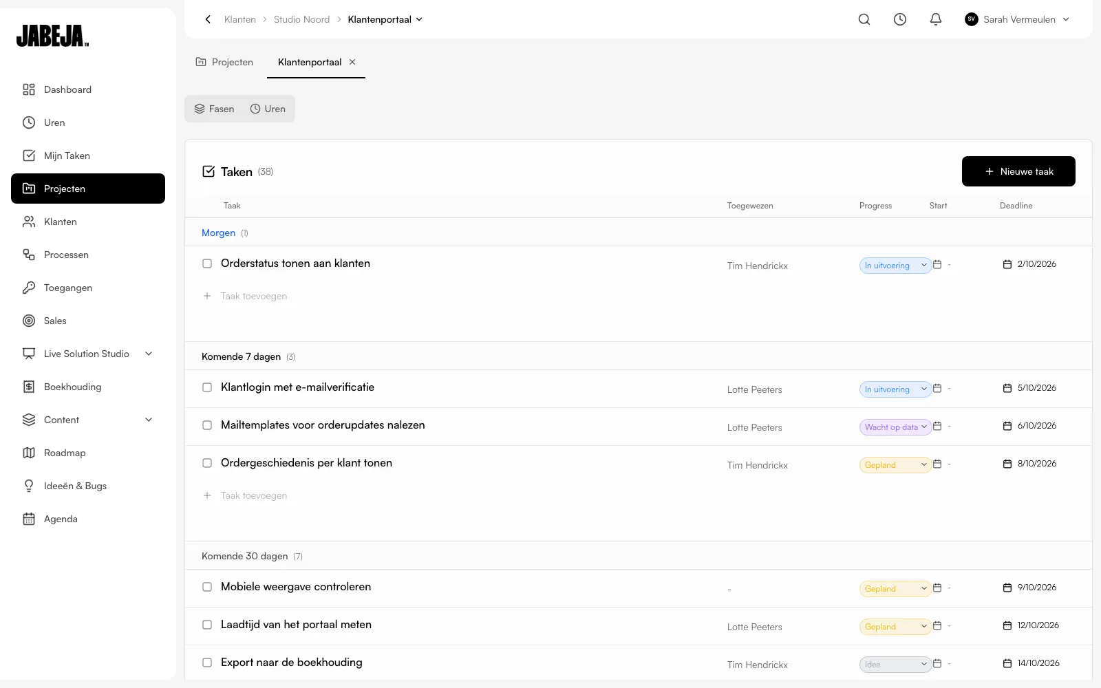 Takenlijst van het fictieve project Klantenportaal in Hubigen Admin, met taken, toewijzing, voortgangsstatus en deadlines